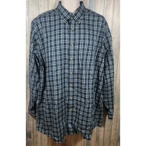 LL Bean Mens Button Down Shirt XL Tall Blue Green White Plaid Cotton Traditional